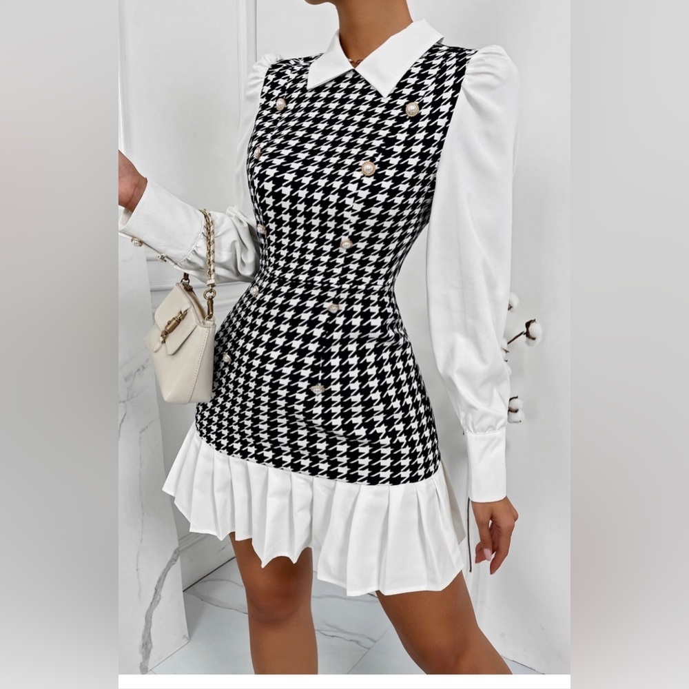 🔥🔥HOST PIC🔥🔥 Slayr Houndstooth Panel Puff Sleeve Pleated Hem Dress - Picture 5 of 13